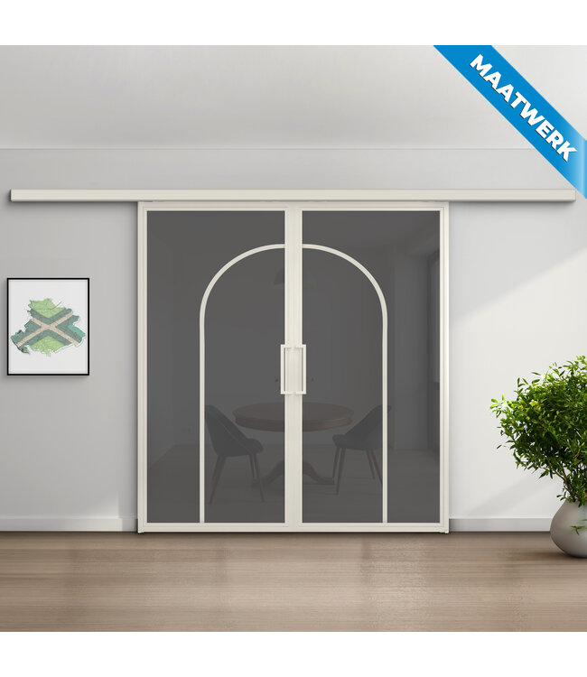 Dubbele stalen Schuifdeuren met koofsysteem - Wit - 2 Vlaks rond - Maatwerk - Helder glas