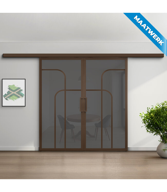 Dubbele stalen Schuifdeuren met koofsysteem - Brons - 4 Vlaks rond - Maatwerk - Helder glas