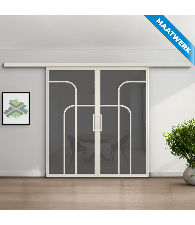Dubbele stalen Schuifdeuren met koofsysteem - Wit - 4 Vlaks rond - Maatwerk - Helder glas