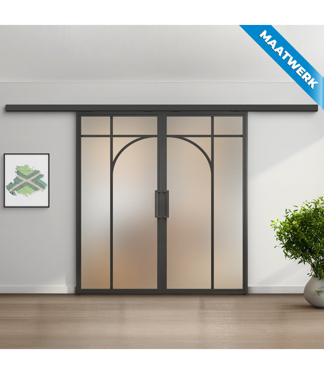 Dubbele stalen Schuifdeuren met koofsysteem - Zwart - 5 Vlaks rond - Maatwerk - Rook glas