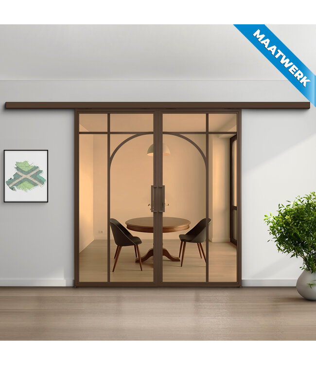 Dubbele stalen Schuifdeuren met koofsysteem - Brons - 5 Vlaks rond - Maatwerk - Rook glas