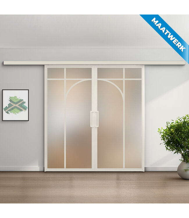 Dubbele stalen Schuifdeuren met koofsysteem - Wit - 5 Vlaks rond - Maatwerk - Helder glas
