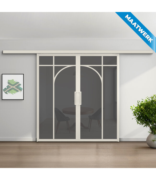 Dubbele stalen Schuifdeuren met koofsysteem - Wit - 5 Vlaks rond - Maatwerk - Mat glas
