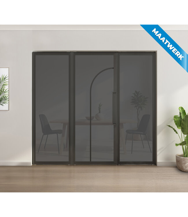 Enkele stalen taatsdeur met glaspaneel - Zwart - 2 Vlaks rond - Helder glas