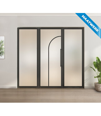 Enkele stalen taatsdeur met glaspaneel - Zwart - 2 Vlaks rond - Mat glas
