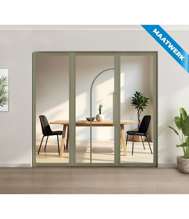 Enkele stalen taatsdeur met glaspaneel - Olijfgroen - 2 Vlaks rond - Mat glas