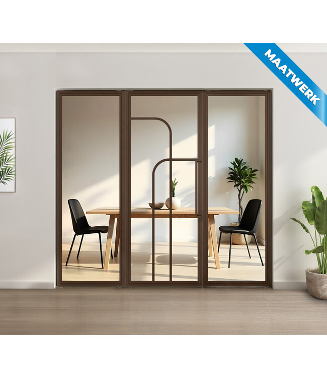 Enkele stalen taatsdeur met glaspaneel - Brons - 4 Vlaks rond - Rook glas