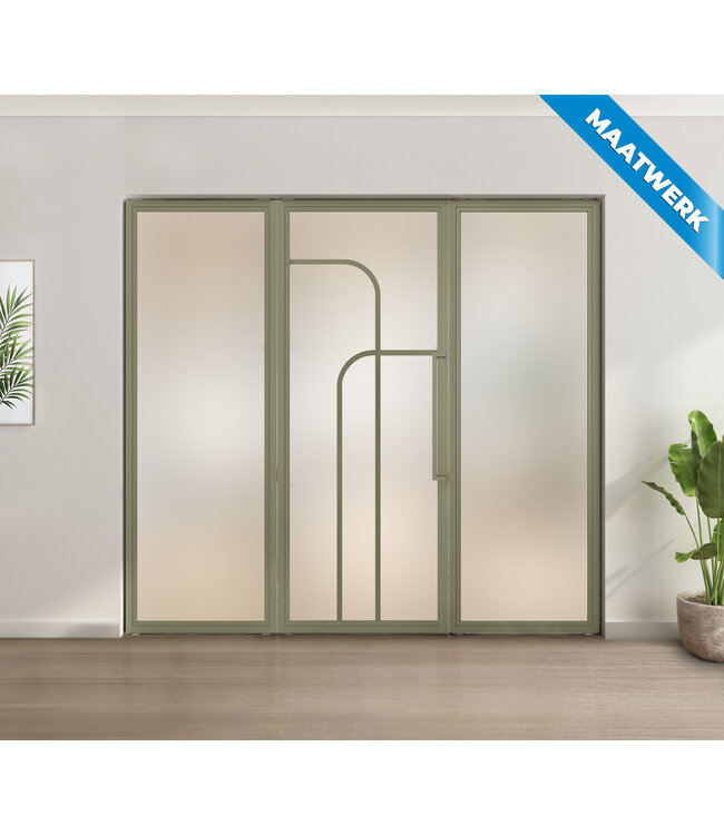 Enkele stalen taatsdeur met glaspaneel - Olijfgroen - 4 Vlaks rond - Helder glas