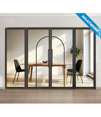 Dubbele stalen taatsdeur met glaspanelen - Zwart - 2 Vlaks rond - Helder glas