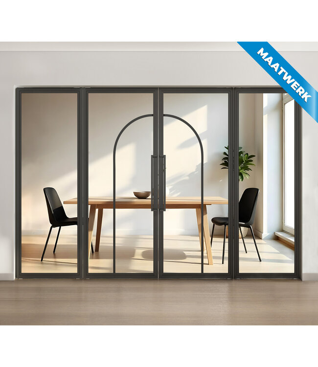 Dubbele stalen taatsdeur met glaspanelen - Zwart - 2 Vlaks rond - Mat glas