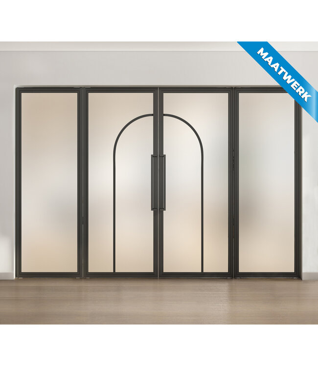 Dubbele stalen taatsdeur met glaspanelen - Zwart - 2 Vlaks rond - Rook glas