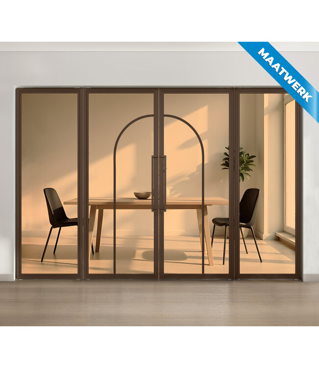 Dubbele stalen taatsdeur met glaspanelen - Brons - 2 Vlaks rond - Helder glas