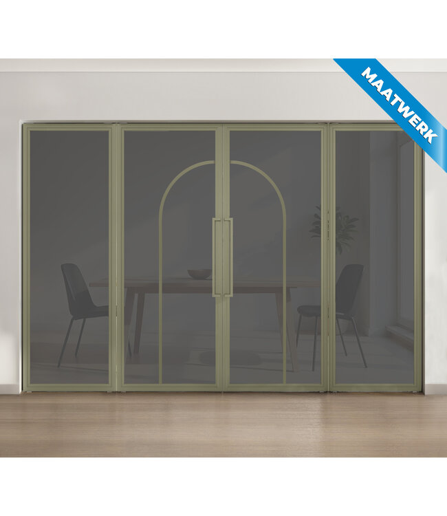 Dubbele stalen taatsdeur met glaspanelen - Olijfgroen - 2 Vlaks rond - Mat glas