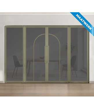 Dubbele stalen taatsdeur met glaspanelen - Olijfgroen - 2 Vlaks rond - Rook glas