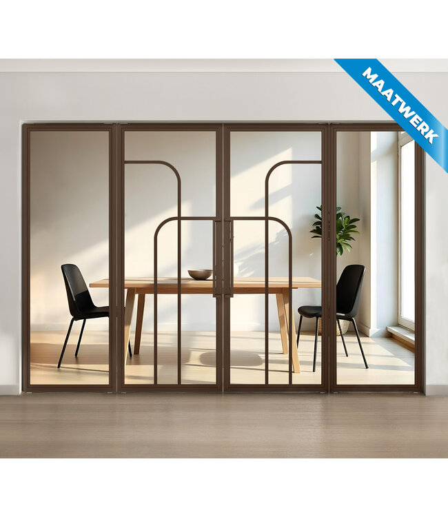 Dubbele stalen taatsdeur met glaspanelen - Brons - 4 Vlaks rond - Mat glas