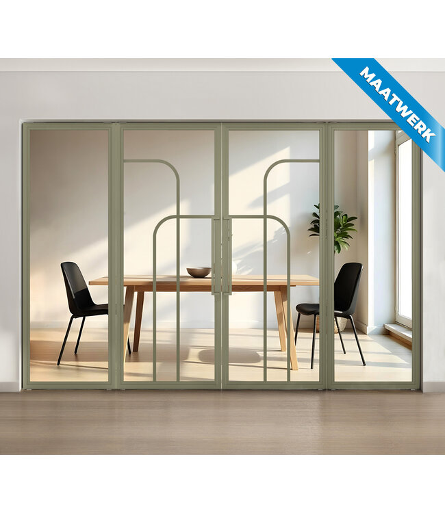 Dubbele stalen taatsdeur met glaspanelen - Olijfgroen - 4 Vlaks rond - Mat glas