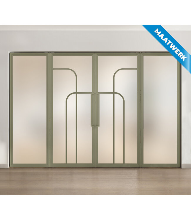 Dubbele stalen taatsdeur met glaspanelen - Olijfgroen - 4 Vlaks rond - Rook glas