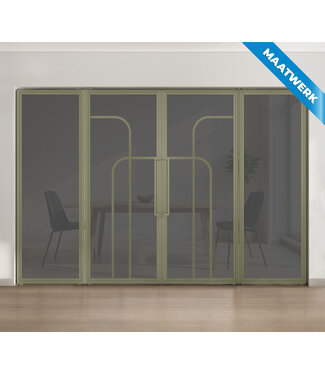 Dubbele stalen taatsdeur met glaspanelen - Olijfgroen - 4 Vlaks rond - Rook glas