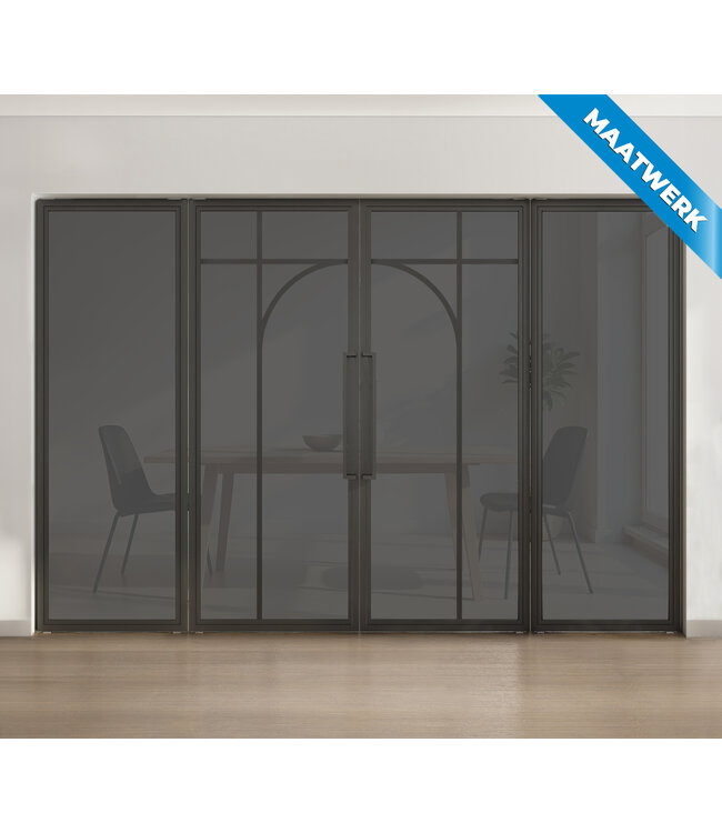 Dubbele stalen taatsdeur met glaspanelen - Zwart - 5 Vlaks rond - Helder glas