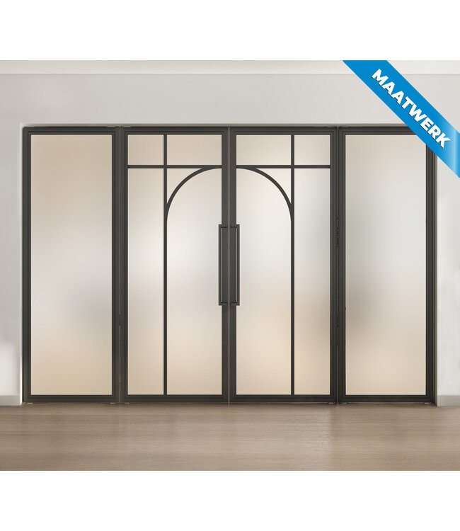 Dubbele stalen taatsdeur met glaspanelen - Zwart - 5 Vlaks rond -Rook glas