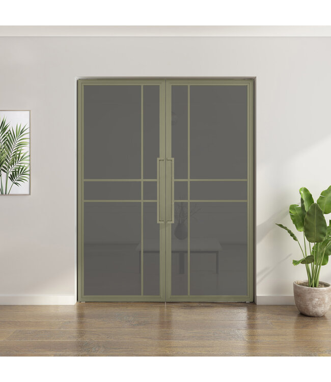 Dubbele stalen taatsdeur - 6 Vlaks  - Olijfgroen - Helder glas - Luxe design*