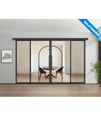 Dubbele stalen Schuifdeuren met koofsysteem en glaspanelen - Zwart - 2 Vlaks rond - Maatwerk - Helder glas