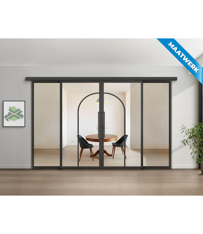 Dubbele stalen Schuifdeuren met koofsysteem en glaspanelen - Zwart - 2 Vlaks rond - Maatwerk - Rook glas