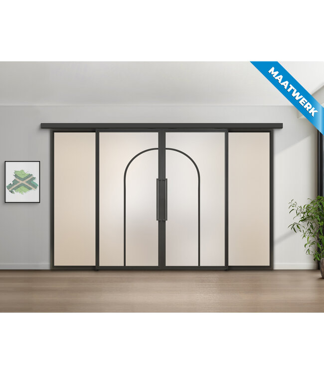 Dubbele stalen Schuifdeuren met koofsysteem en glaspanelen - Zwart - 2 Vlaks rond - Maatwerk - Rook glas