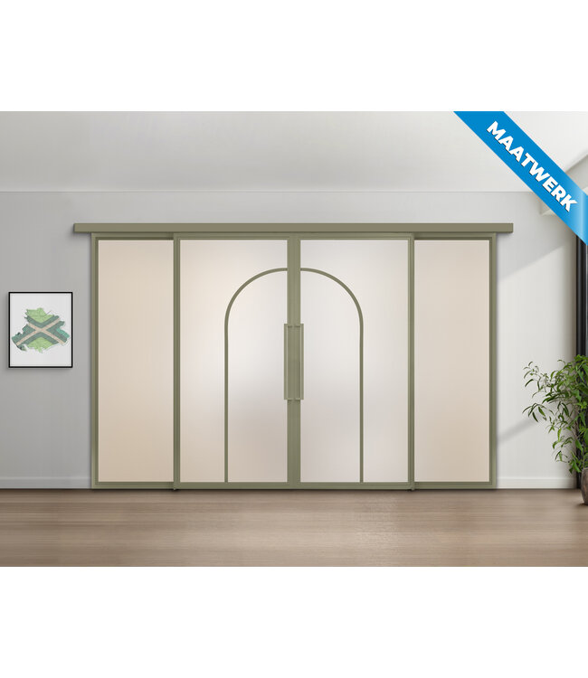 Dubbele stalen Schuifdeuren met koofsysteem en glaspanelen - Olijfgroen - 2 Vlaks rond - Maatwerk - Helder glas