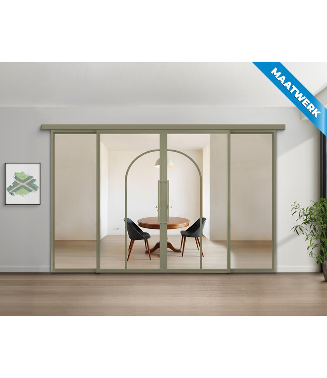 Dubbele stalen Schuifdeuren met koofsysteem en glaspanelen - Olijfgroen - 2 Vlaks rond - Maatwerk - Rook glas