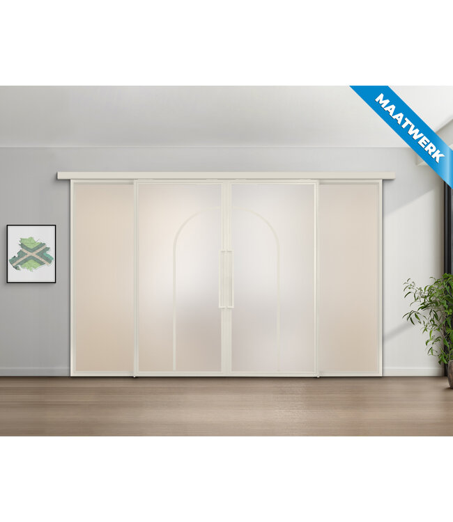 Dubbele stalen Schuifdeuren met koofsysteem en glaspanelen - Wit - 2 Vlaks rond - Maatwerk - Helder glas