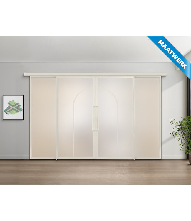 Dubbele stalen Schuifdeuren met koofsysteem en glaspanelen - Wit - 2 Vlaks rond - Maatwerk - Rook glas