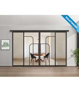 Dubbele stalen Schuifdeuren met koofsysteem en glaspanelen - Zwart - 4 Vlaks rond - Maatwerk - Helder glas