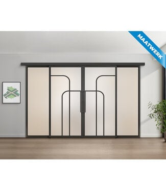 Dubbele stalen Schuifdeuren met koofsysteem en glaspanelen - Zwart - 4 Vlaks rond - Maatwerk - Mat glas