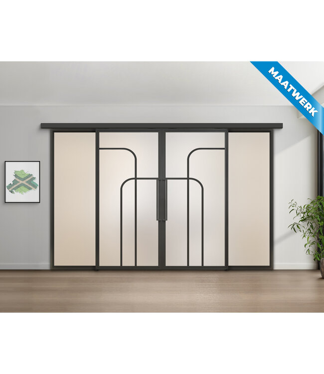 Dubbele stalen Schuifdeuren met koofsysteem en glaspanelen - Zwart - 4 Vlaks rond - Maatwerk - Rook glas