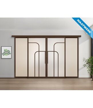 Dubbele stalen Schuifdeuren met koofsysteem en glaspanelen - Brons - 4 Vlaks rond - Maatwerk - Mat glas
