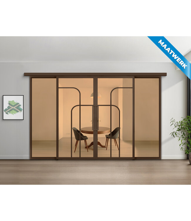 Dubbele stalen Schuifdeuren met koofsysteem en glaspanelen - Brons - 4 Vlaks rond - Maatwerk - Rook glas