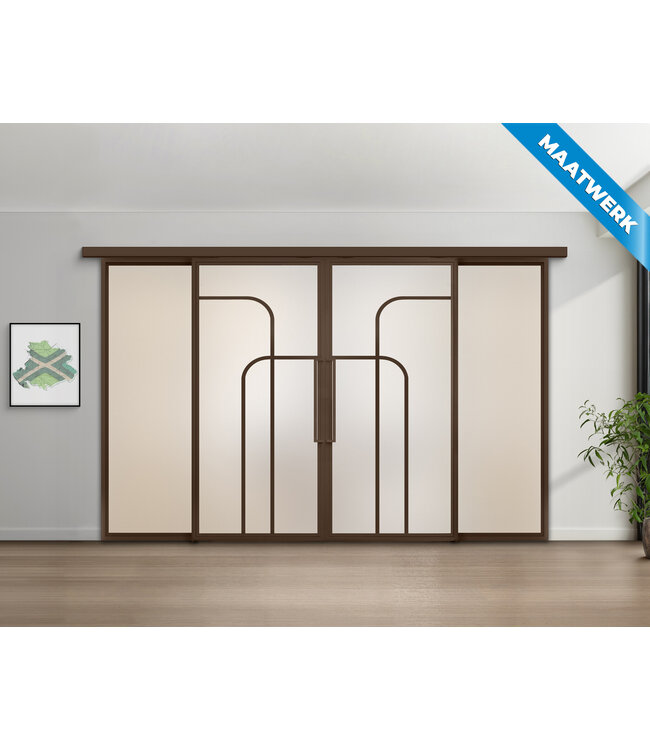 Dubbele stalen Schuifdeuren met koofsysteem en glaspanelen - Brons - 4 Vlaks rond - Maatwerk - Brons rook glas