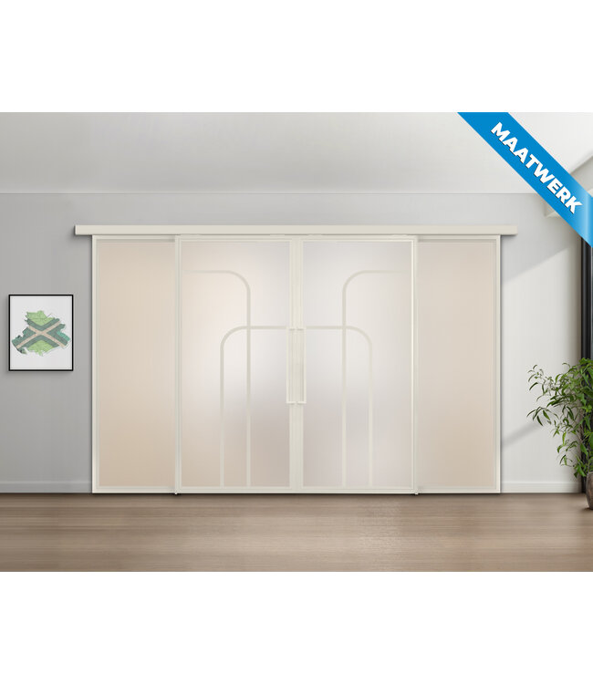 Dubbele stalen Schuifdeuren met koofsysteem en glaspanelen - Wit - 4 Vlaks rond - Maatwerk - Helder glas