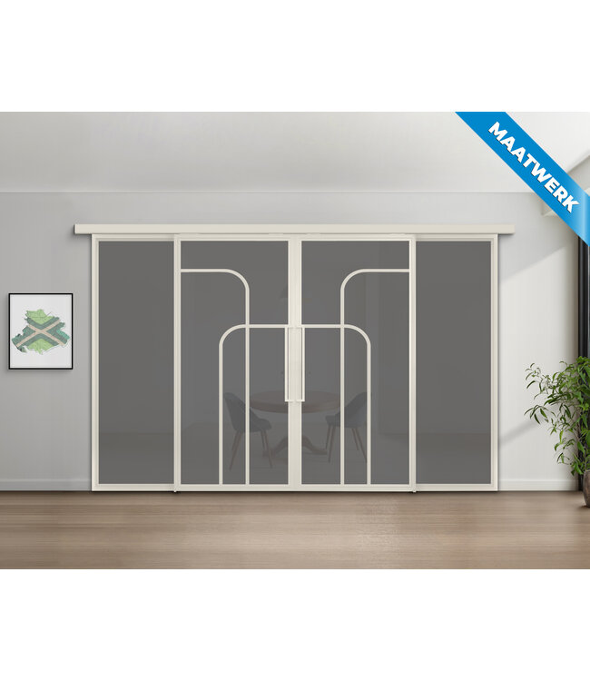 Dubbele stalen Schuifdeuren met koofsysteem en glaspanelen - Wit - 4 Vlaks rond - Maatwerk - Mat glas