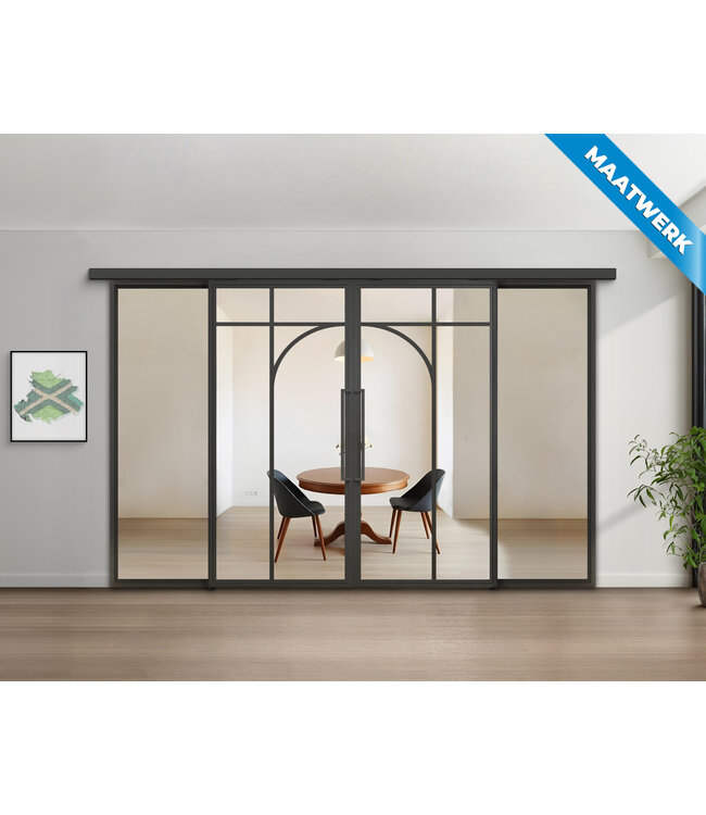 Dubbele stalen Schuifdeuren met koofsysteem en glaspanelen - Zwart - 5 Vlaks rond - Maatwerk - Mat glas