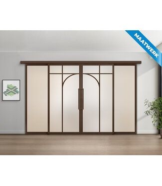 Dubbele stalen Schuifdeuren met koofsysteem en glaspanelen - Brons - 5 Vlaks rond - Maatwerk - Mat glas