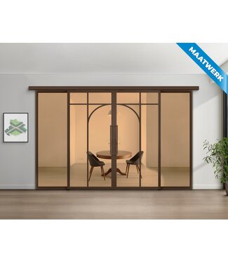Dubbele stalen Schuifdeuren met koofsysteem en glaspanelen - Brons - 5 Vlaks rond - Maatwerk - Brons rook glas