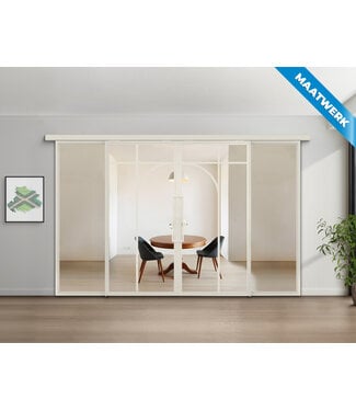 Dubbele stalen Schuifdeuren met koofsysteem en glaspanelen - Wit - 5 Vlaks rond - Maatwerk - Helder glas