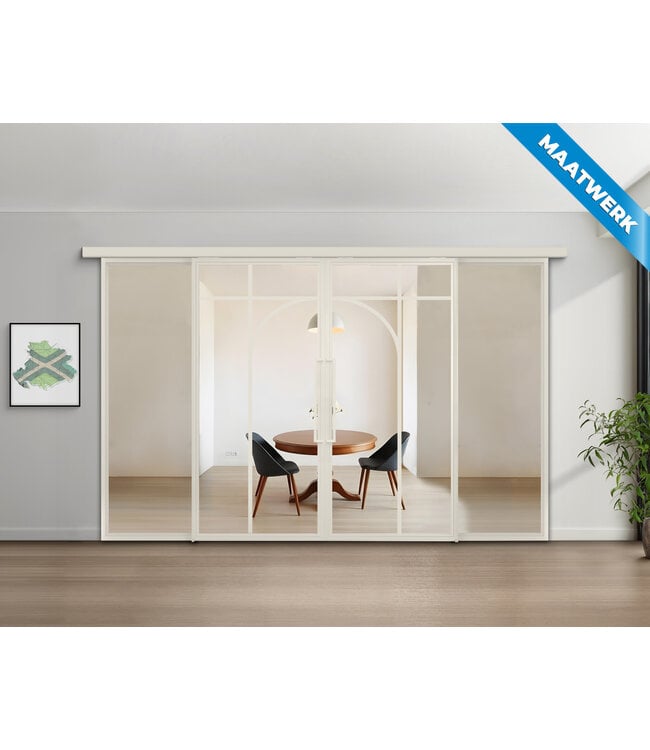 Dubbele stalen Schuifdeuren met koofsysteem en glaspanelen - Wit - 5 Vlaks rond - Maatwerk - Mat glas
