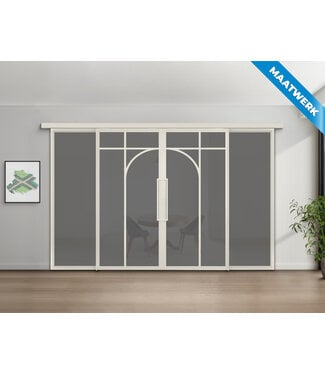 Dubbele stalen Schuifdeuren met koofsysteem en glaspanelen - Wit - 5 Vlaks rond - Maatwerk - Rook glas