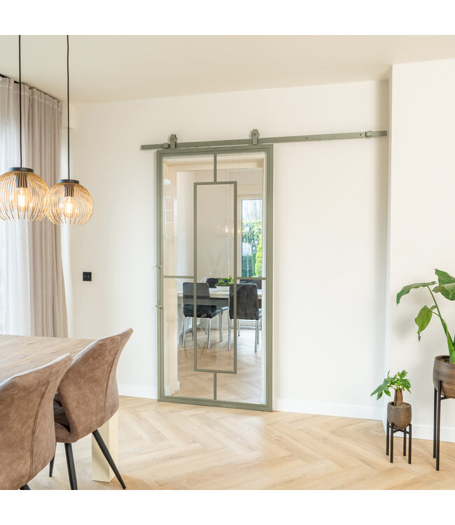Stalen Schuifdeur - Olijfgroen - 5 Vlaks - Rook glas