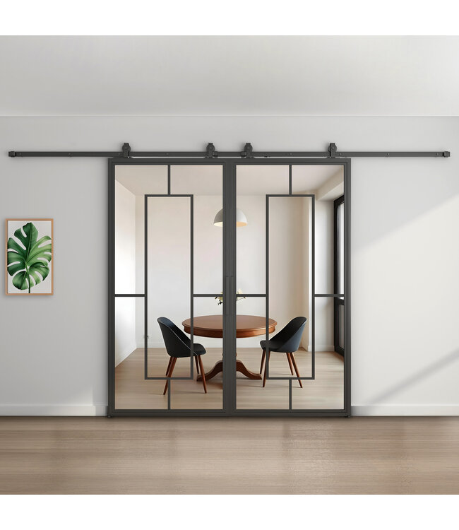 Dubbele stalen schuifdeur - Zwart - 5 Vlaks - Mat glas