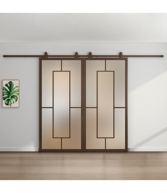 Dubbele stalen schuifdeur - Brons - 5 Vlaks - Mat glas