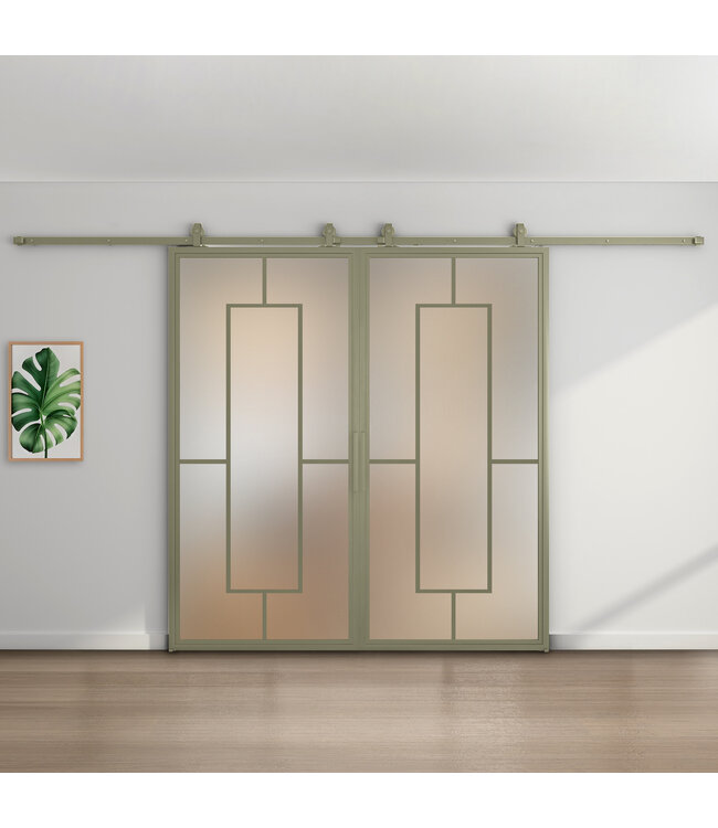Dubbele stalen schuifdeur - Olijfgroen - 5 Vlaks - Helder glas